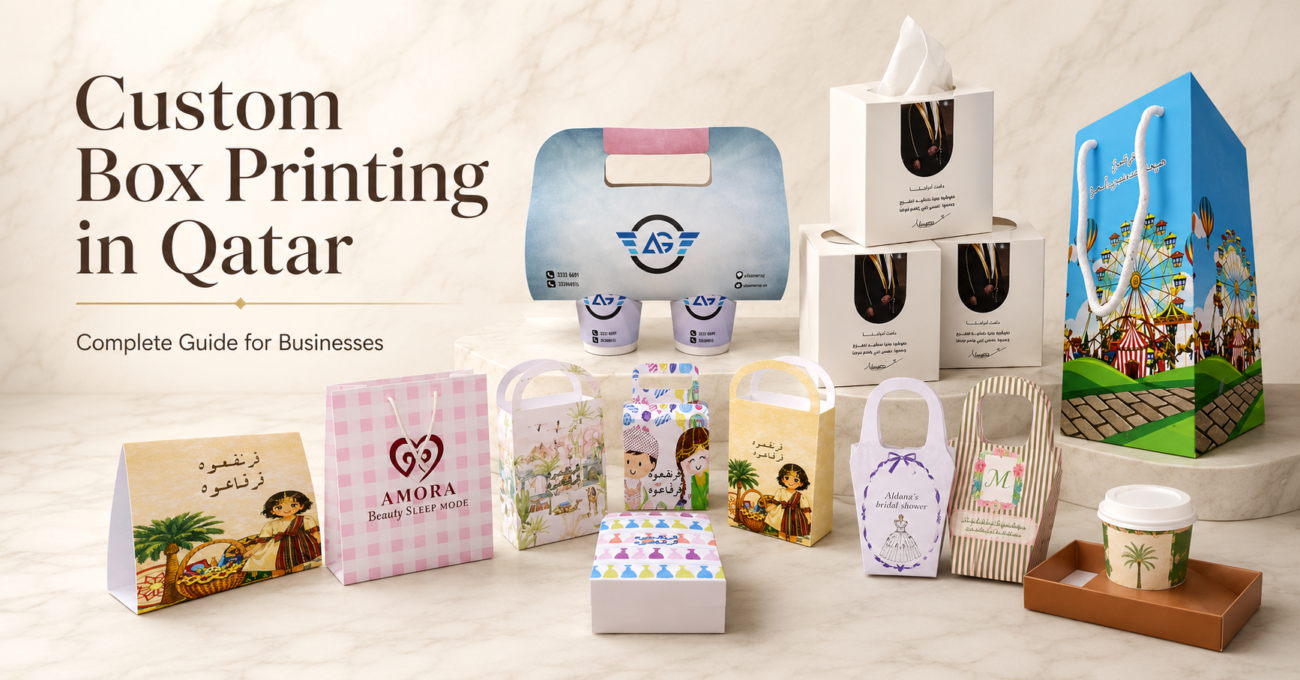 Custom box printing in Qatar featuring branded gift boxes, tissue boxes, favor boxes, gift bags and food packaging by Allayal Printing