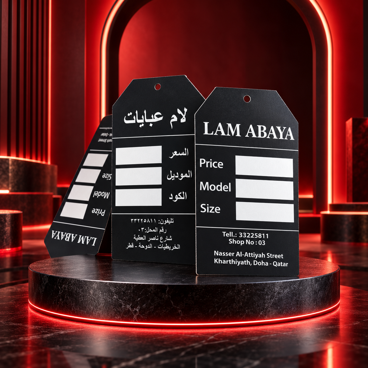 Custom black LAM ABAYA clothing hang tags with Arabic and English branding, price, model, and size fields, displayed on a luxury red and black studio podium.
