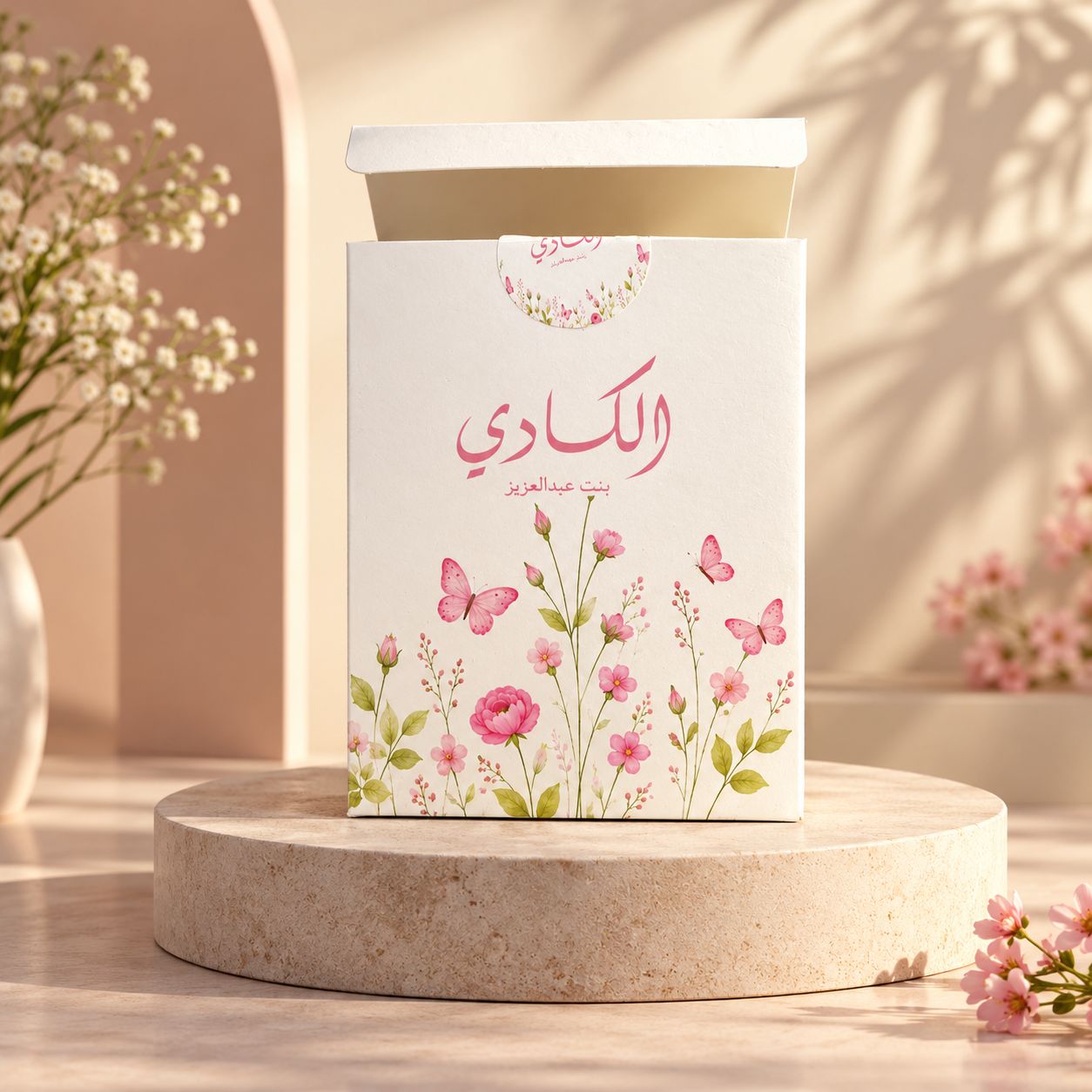 Custom cream-colored floral packaging box with pink Arabic branding, delicate flowers, and butterfly illustrations, displayed on a beige stone podium with soft natural lighting. Custom cream-colored floral packaging box with pink Arabic branding, delicate flowers, and butterfly illustrations, displayed on a beige stone podium with soft natural lighting.