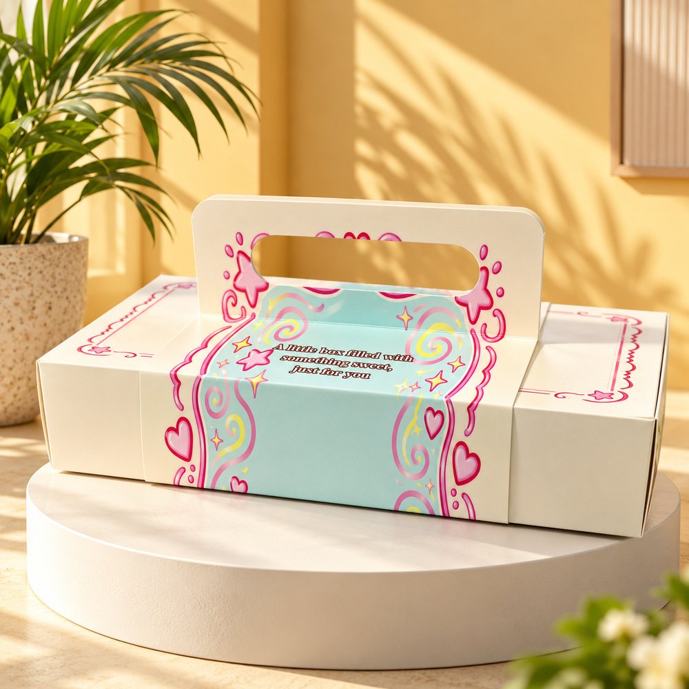 Custom pastel cream gift box with built-in handle, pink hearts, colorful swirls, and decorative stars, displayed on a white podium with warm studio lighting.